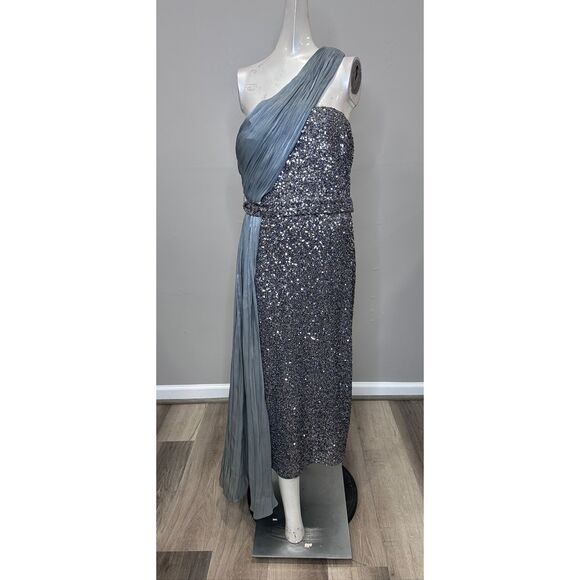 Badgley Mischka One-Shoulder Embellished Cocktail Dress in Pewter US 12 $595 - Picture 6 of 12